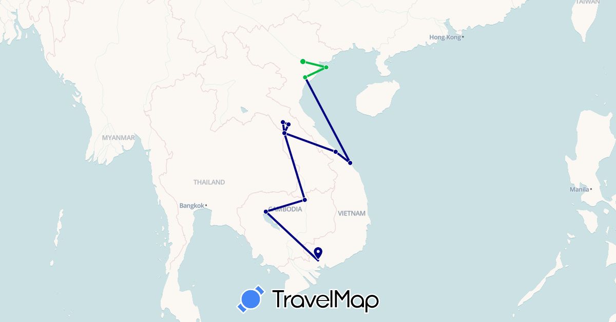TravelMap itinerary: driving, bus in Cambodia, Laos, Vietnam (Asia)